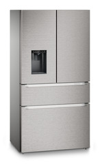 Slika izdelka, Perspektiva: Pod kotom, zaprto, Hladilnik z zamrzovalnikom s francoskimi vrati z 2 zamrzovalnima predaloma in razpršilnikom vode in ledenih kock, Barva ohišja: srebrna, Barva vrat: nerjavno jeklo