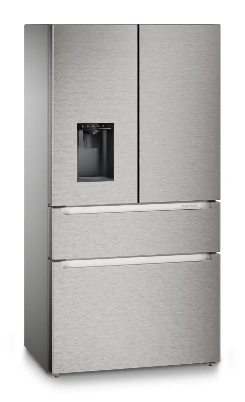 Slika izdelka, Perspektiva: Pod kotom, zaprto, Hladilnik z zamrzovalnikom s francoskimi vrati z 2 zamrzovalnima predaloma in razpršilnikom vode in ledenih kock, Barva ohišja: srebrna, Barva vrat: nerjavno jeklo