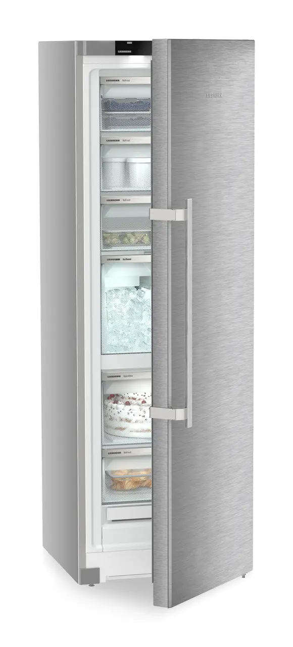 Produktbillede, Perspektiv: Skrå halvåben udsmykket, Fritstående fryseskab med NoFrost og IceTower, Dørfarve: Rustfrit stål