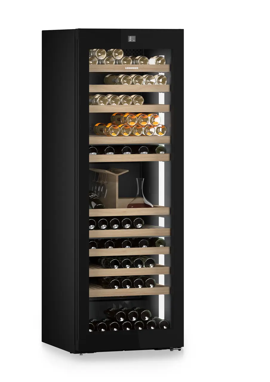 Product image, Perspective: oblique closed decorated, Multi-temperature wine cabinet, Casing colour: BlackSteel, Door colour: GlassBlack