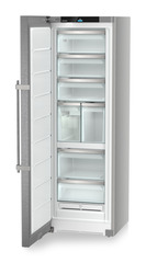 Product image, Perspective: oblique open empty, Freestanding freezer with NoFrost and IceTower, Casing colour: silver, Door colour: stainless steel