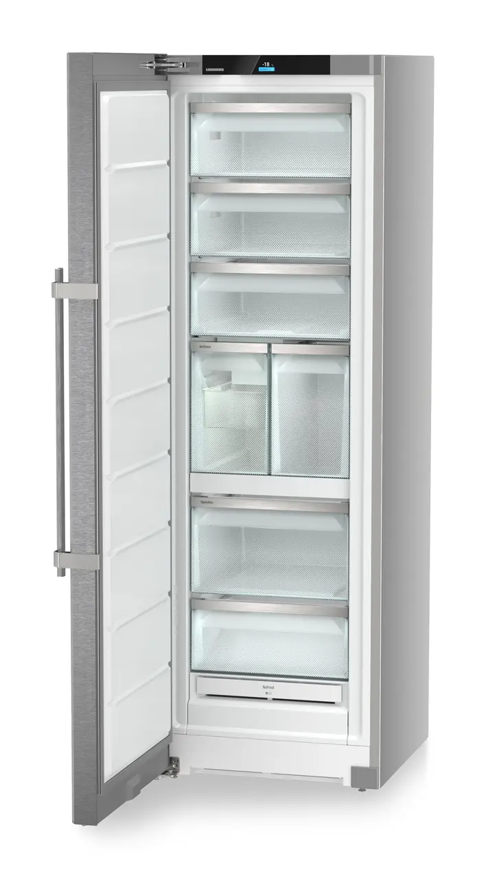 Product image, Perspective: oblique open empty, Freestanding freezer with NoFrost and IceTower, Casing colour: silver, Door colour: stainless steel