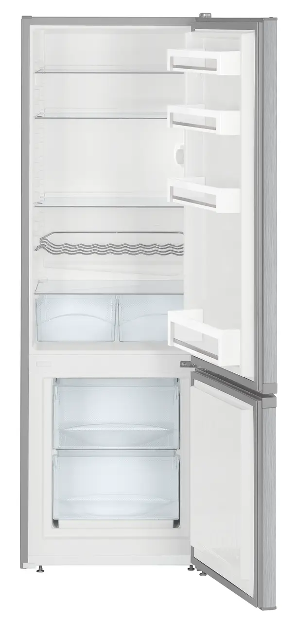 Product image, Perspective: straight open empty, Automatic refrigerator-freezer with SmartFrost, Casing colour: silver, Door colour: stainless steel look
