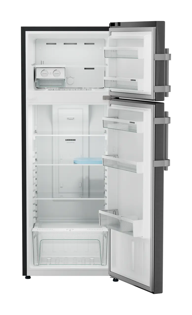 Product image, Perspective: straight open empty, Fridge-freezer with NoFrost, Casing colour: grey, Door colour: BlackSteel