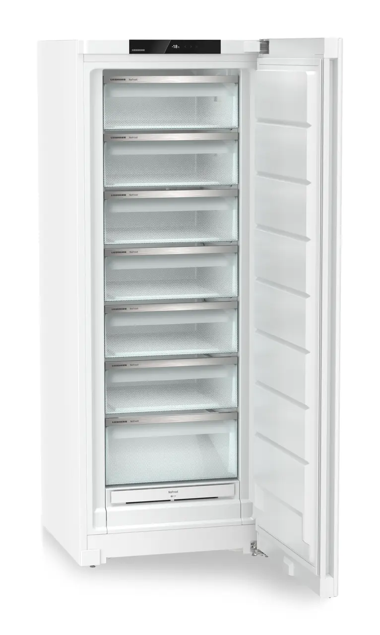 Obrázok produktu, Perspektíva: Šikmo, spotrebič otvorený, prázdny, Voľne stojaca mraznička s NoFrost, Farba steny: Biely, Farba dverí: Biely
