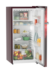 Product image, Perspective: oblique open decorated, Single-door refrigerator 191 l in 4 star with iCoolTouch UI, Casing colour: red, Door colour: Red Mystiq