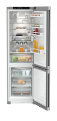 Product image, Perspective: straight open decorated, Combined fridge-freezers with EasyFresh and NoFrost, Casing colour: silver, Door colour: stainless steel