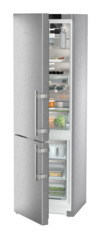 Product image, Perspective: oblique half-open decorated, Combined fridge-freezers with EasyFresh and NoFrost, Casing colour: stainless steel, Door colour: stainless steel