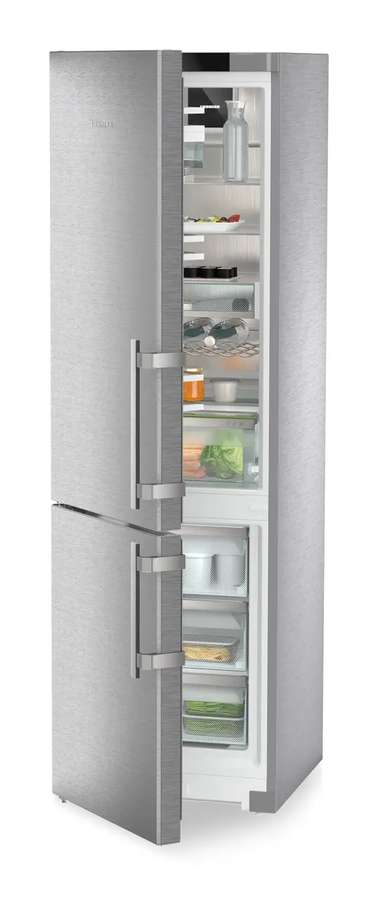 Product image, Perspective: oblique half-open decorated, Combined fridge-freezers with EasyFresh and NoFrost, Casing colour: stainless steel, Door colour: stainless steel