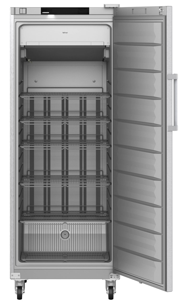 Product image, Perspective: straight open empty, Freestanding freezer with NoFrost, Casing colour: stainless steel, Door colour: stainless steel