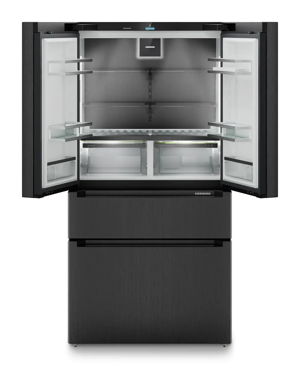 Termékkép, Perspektíva: Egyenes nyitott üres, Francia ajtós hűtő-fagyasztó 2 fagyasztófiókkal, IceMakerrel és InfinitySpringgel