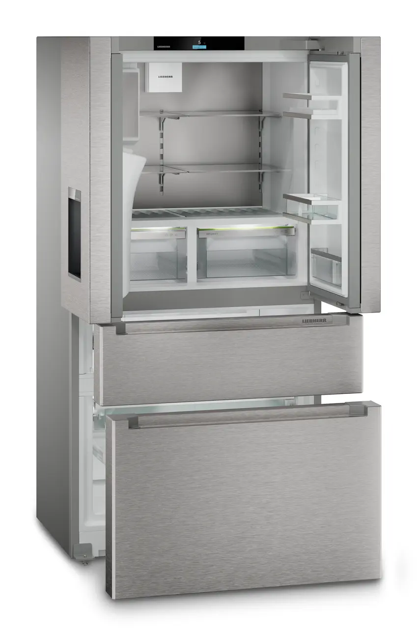 Slika izdelka, Perspektiva: Pod kotom, odprto, prazno, Hladilnik z zamrzovalnikom s francoskimi vrati z 2 zamrzovalnima predaloma in razpršilnikom vode in ledenih kock, Barva ohišja: srebrna, Barva vrat: nerjavno jeklo