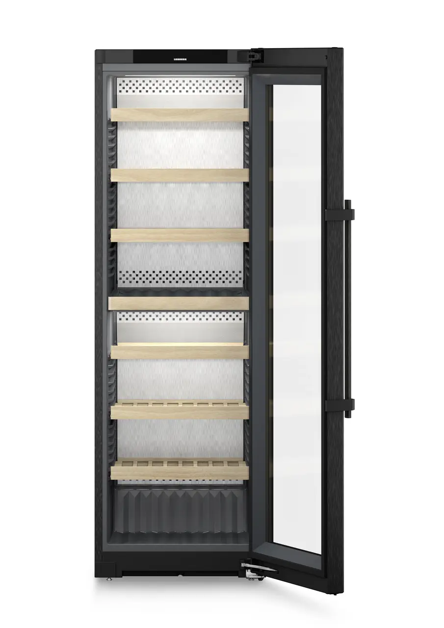 Product image, Perspective: straight open empty, Multi-temperature wine cabinet, Casing colour: BlackSteel, Door colour: BlackSteel