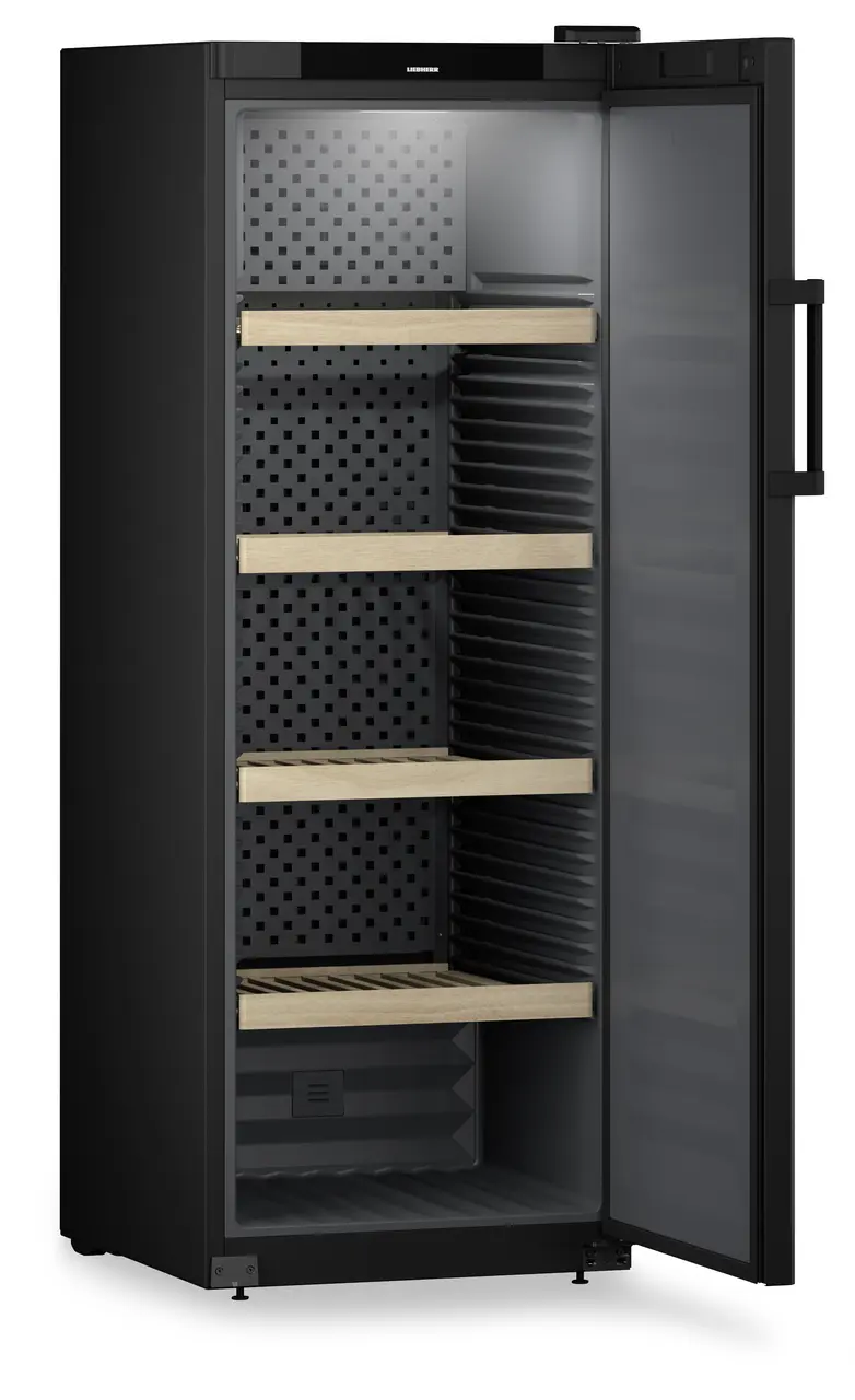 Product image, Perspective: oblique open empty, Wine storage cabinet, Casing colour: black, Door colour: black