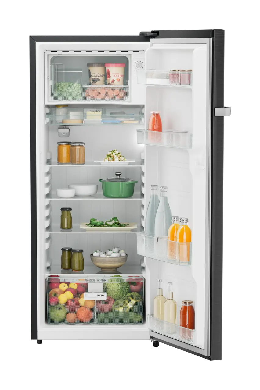 Product image, Perspective: straight open decorated, Single-door refrigerator 222 l in 3 star and horizontal handle, Casing colour: grey, Door colour: BlackSteel