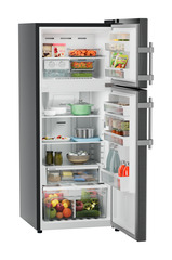 Product image, Perspective: oblique open decorated, Fridge-freezer with NoFrost, Casing colour: grey, Door colour: BlackSteel