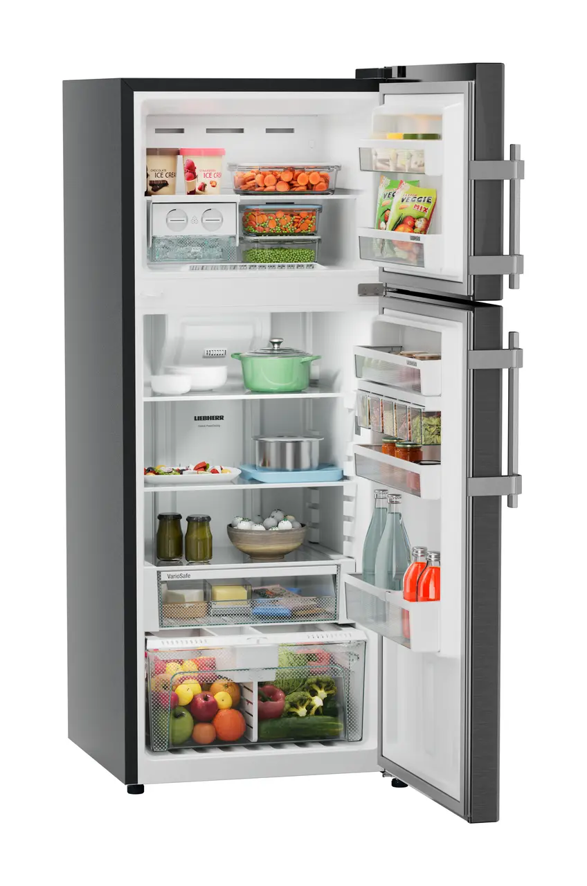 Product image, Perspective: oblique open decorated, Fridge-freezer with NoFrost, Casing colour: grey, Door colour: BlackSteel