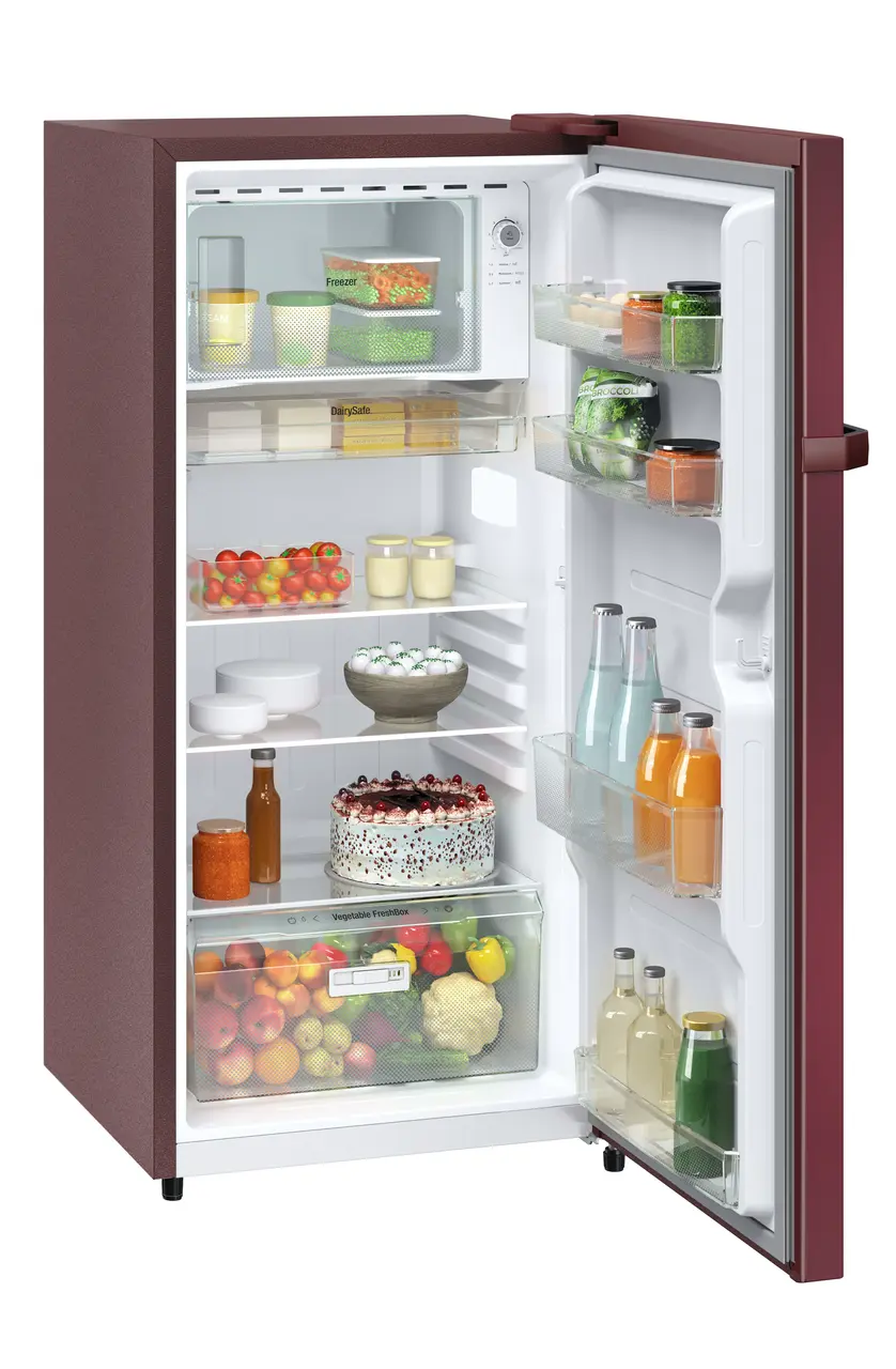 Product image, Perspective: oblique open decorated, Single-door refrigerator 191 l in 2 Star and with horizontal handle, Casing colour: red, Door colour: Red Hibiskus