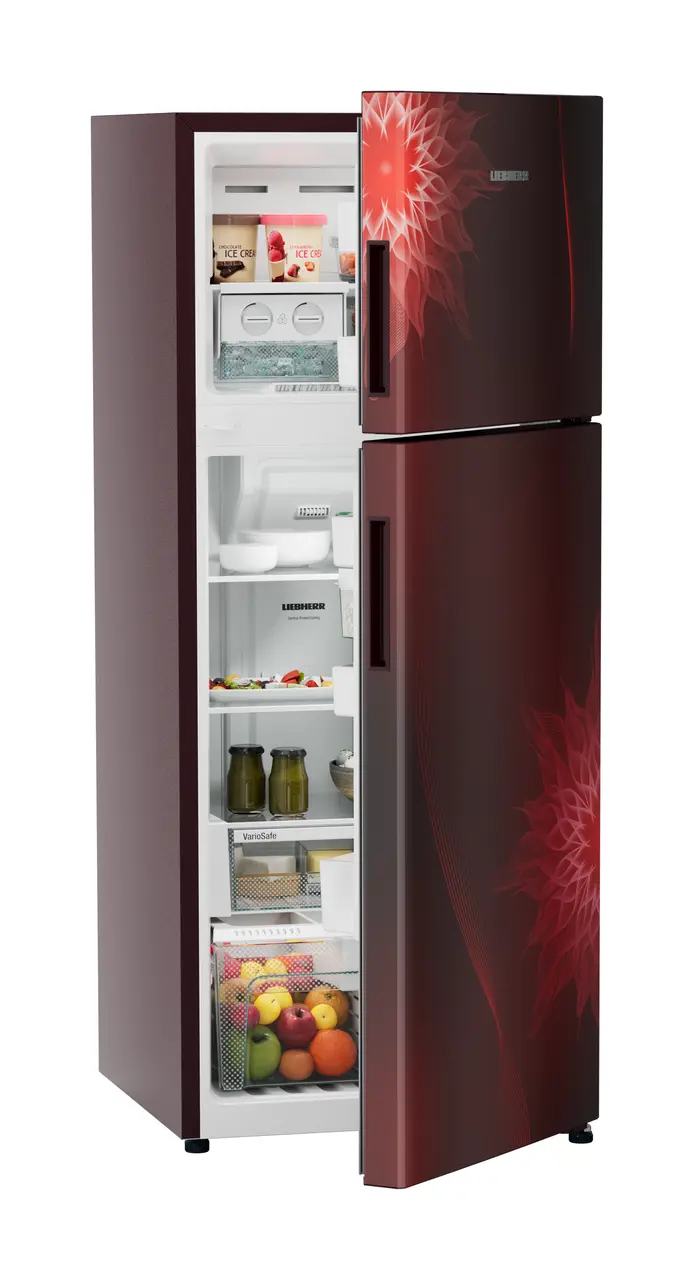 Product image, Perspective: oblique half-open decorated, Fridge-freezer with NoFrost, Casing colour: red, Door colour: Red Mystiq