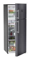 Product image, Perspective: oblique half-open decorated, Fridge-freezer with NoFrost, Casing colour: grey, Door colour: Cobalt Steel