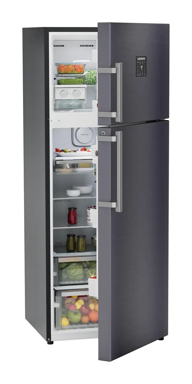 Product image, Perspective: oblique half-open decorated, Fridge-freezer with NoFrost, Casing colour: grey, Door colour: Cobalt Steel
