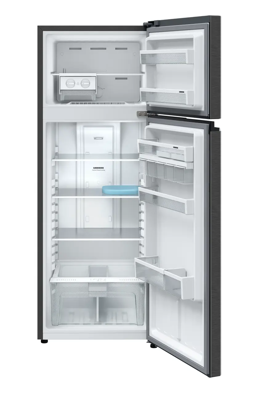 Product image, Perspective: straight open empty, Fridge-freezer with NoFrost, Casing colour: grey, Door colour: BlackSteel