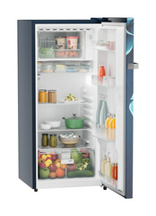 Product image, Perspective: oblique open decorated, Single-door refrigerator 202 l in 3 star and horizontal handle, Casing colour: blue, Door colour: Blue Divine