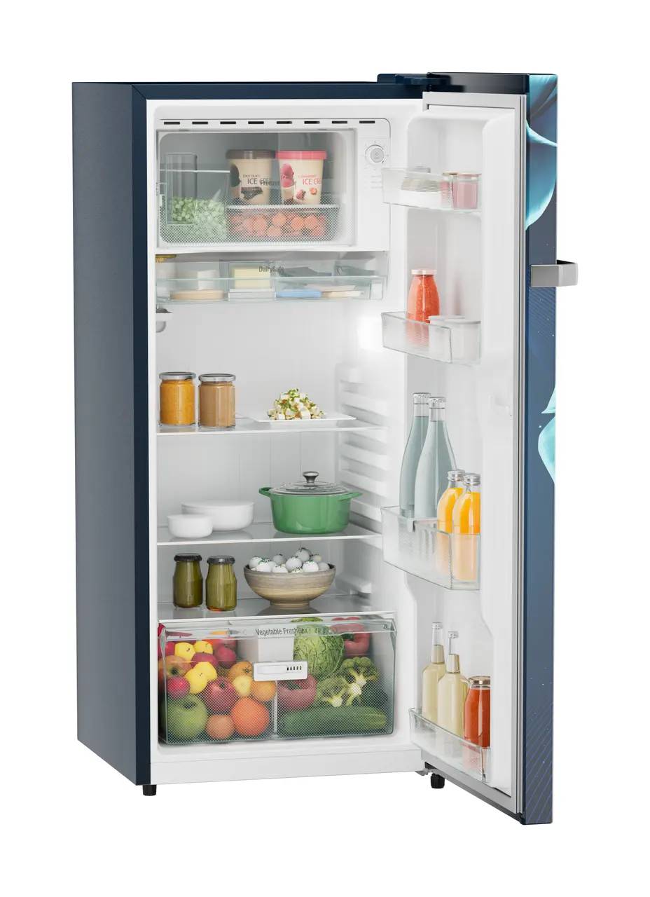Product image, Perspective: oblique open decorated, Single-door refrigerator 202 l in 3 star and horizontal handle, Casing colour: blue, Door colour: Blue Divine