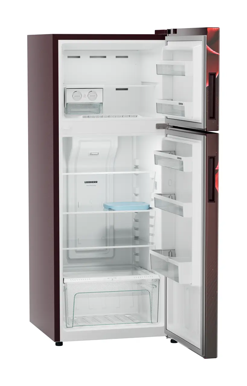 Product image, Perspective: oblique open empty, Fridge-freezer with NoFrost, Casing colour: red, Door colour: Red Divine
