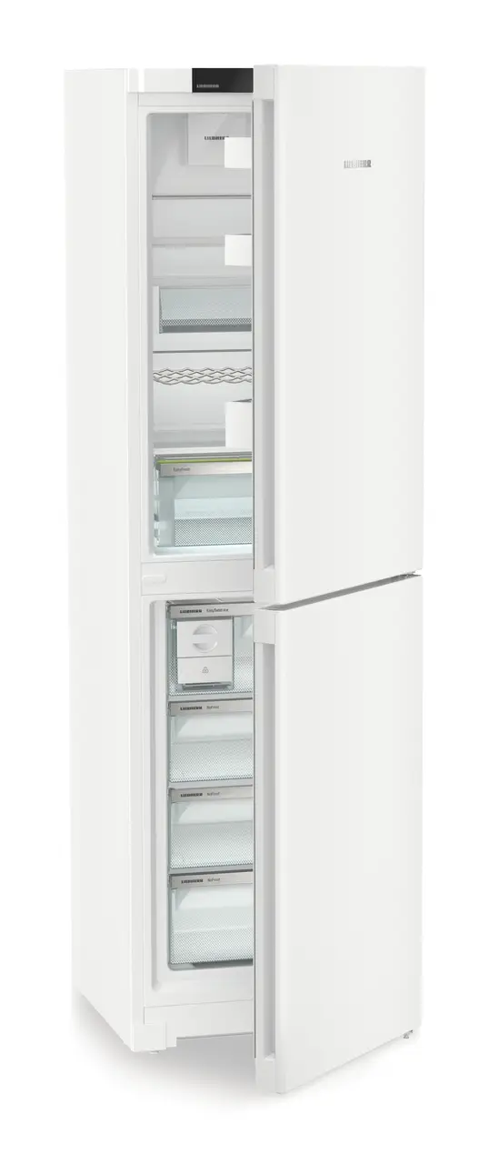 Product image, Perspective: oblique half-open empty, Combined fridge-freezers with EasyFresh and NoFrost, Casing colour: white, Door colour: white