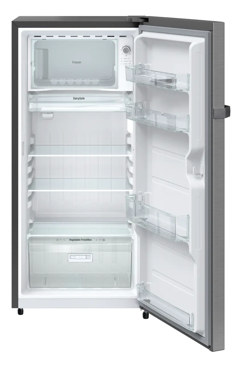 Product image, Perspective: straight open empty, Single-door fridge, 191 l in 2 star and horizontal handle, Casing colour: grey, Door colour: Silver Steel