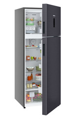 Product image, Perspective: oblique half-open decorated, Fridge-freezer with NoFrost, Casing colour: grey, Door colour: Cobalt Steel