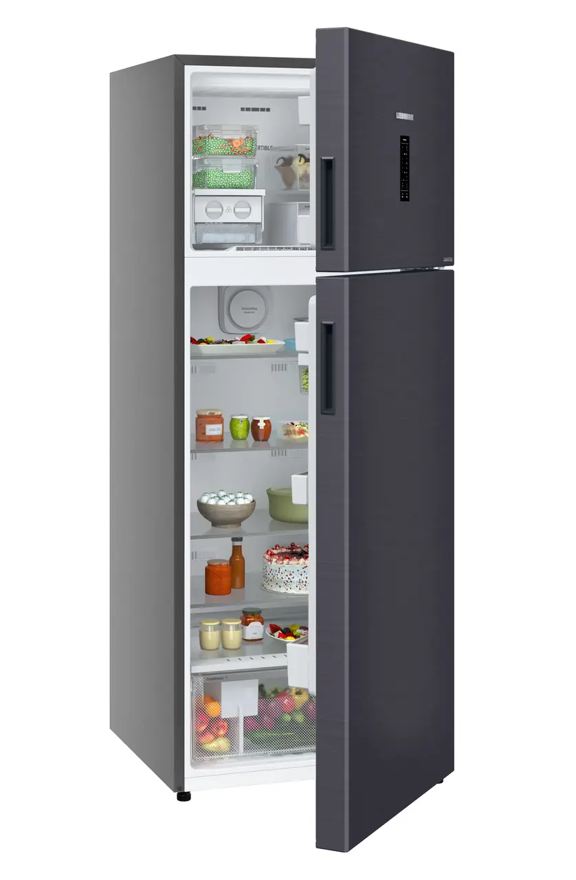 Product image, Perspective: oblique half-open decorated, Fridge-freezer with NoFrost, Casing colour: grey, Door colour: Cobalt Steel