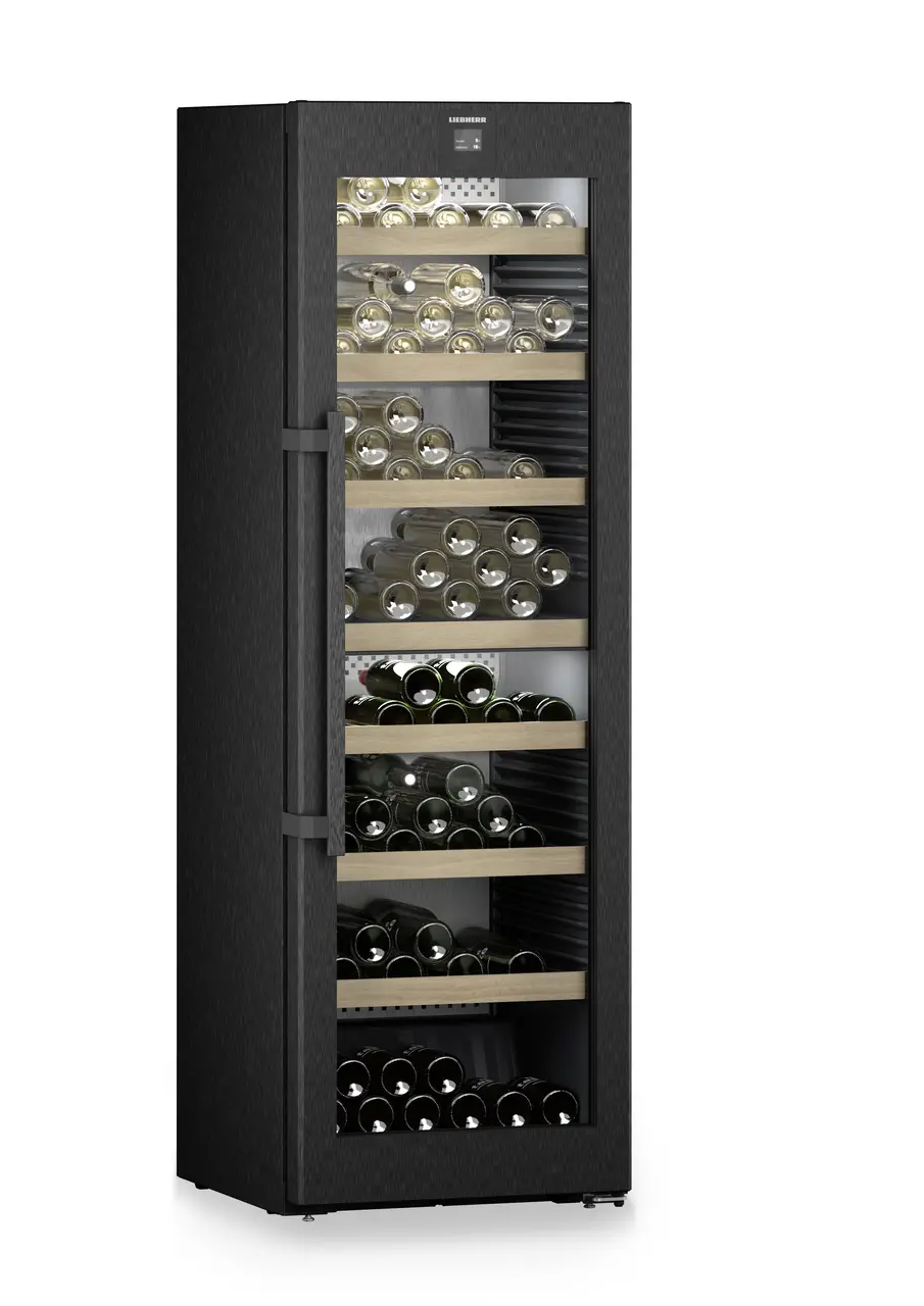 Product image, Perspective: oblique closed decorated, Multi-temperature wine cabinet, Casing colour: BlackSteel, Door colour: BlackSteel