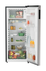 Product image, Perspective: straight open decorated, Single-door refrigerator 222 l in 3 star with VegFresh box, Casing colour: grey, Door colour: Stainless Steel