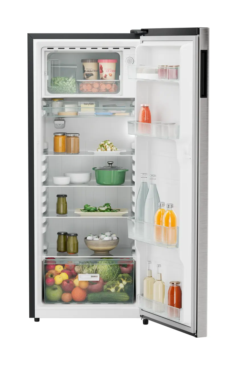 Product image, Perspective: straight open decorated, Single-door refrigerator 222 l in 3 star with VegFresh box, Casing colour: grey, Door colour: Stainless Steel