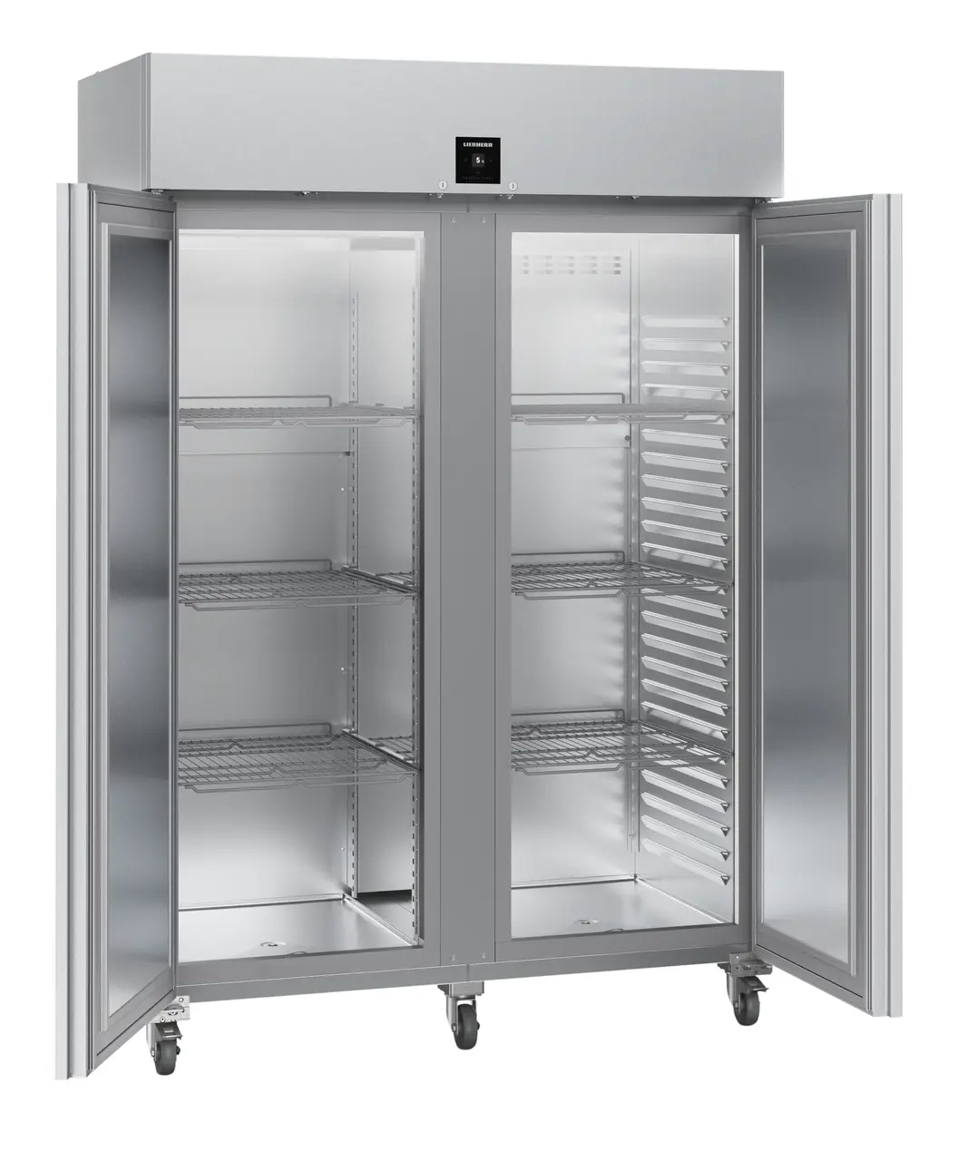 Product image, Perspective: oblique open empty, Forced-air refrigerator GN 2/1, Casing colour: stainless steel, Door colour: stainless steel