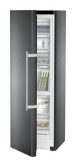 Product image, Perspective: oblique half-open decorated, Freestanding freezer with NoFrost and IceTower, Casing colour: BlackSteel, Door colour: BlackSteel