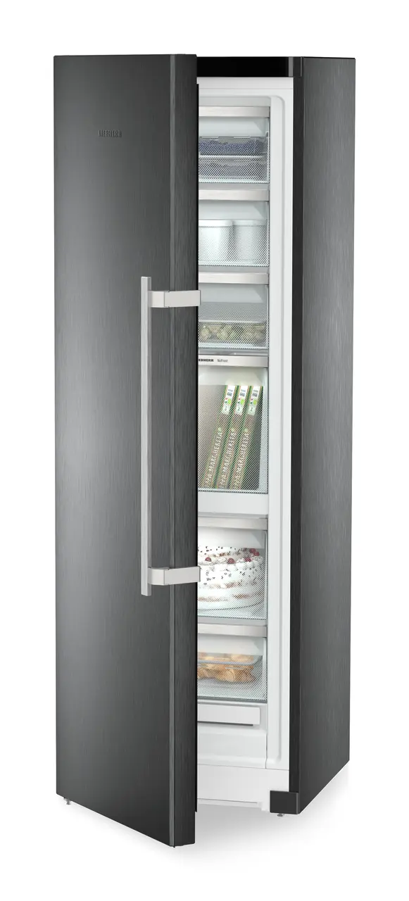 Product image, Perspective: oblique half-open decorated, Freestanding freezer with NoFrost and IceTower, Casing colour: BlackSteel, Door colour: BlackSteel