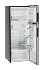 Product image, Perspective: oblique open empty, Fridge-freezer with NoFrost, Casing colour: grey, Door colour: Silver Steel
