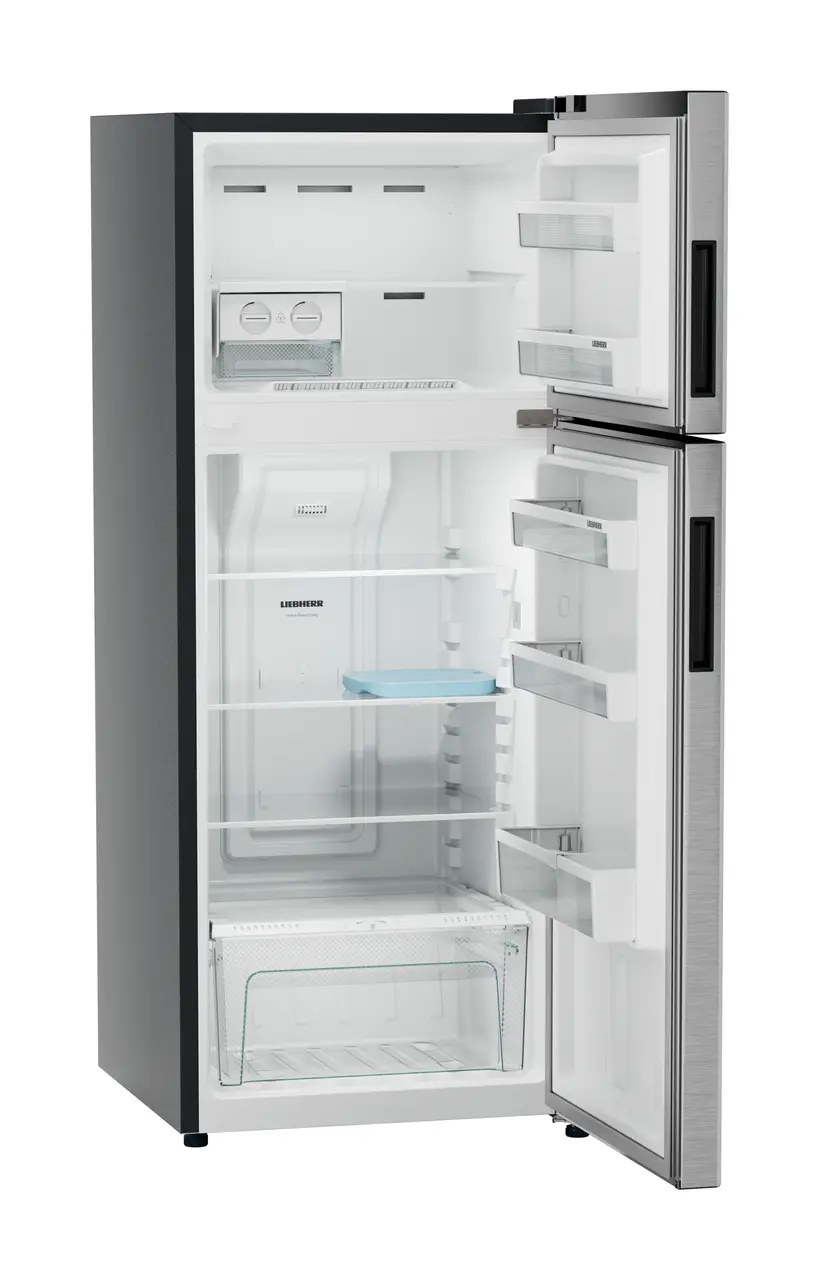 Product image, Perspective: oblique open empty, Fridge-freezer with NoFrost, Casing colour: grey, Door colour: Silver Steel