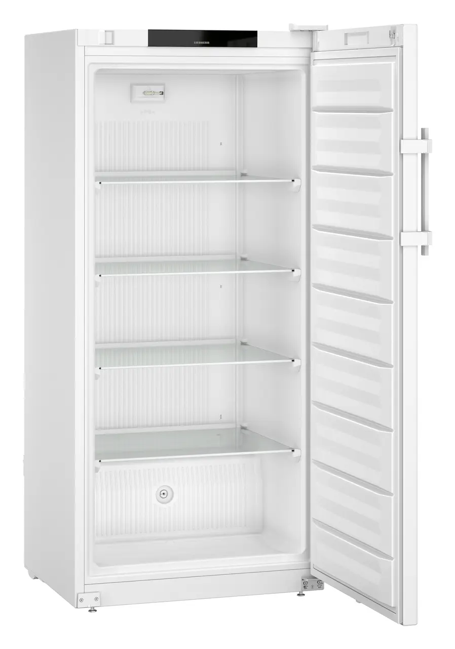 Produkt-Bild, Perspektive: schräg offen leer, Laborgefriergerät mit zündquellenfreiem Innenraum, Gehäusefarbe: Weiß, Türfarbe: Weiß