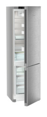 Product image, Perspective: oblique half-open empty, Combined fridge-freezers with EasyFresh and NoFrost, Casing colour: silver, Door colour: stainless steel