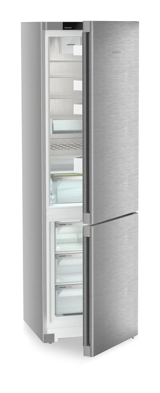 Product image, Perspective: oblique half-open empty, Combined fridge-freezers with EasyFresh and NoFrost, Casing colour: silver, Door colour: stainless steel