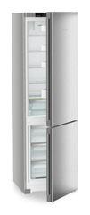 Product image, Perspective: oblique half-open empty, Combined fridge-freezers with EasyFresh and NoFrost, Casing colour: silver, Door colour: Steelfinish