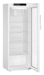 Produkt-Bild, Perspektive: schräg offen leer, Laborkühlgerät mit Umluftkühlung, Gehäusefarbe: Weiß, Türfarbe: Weiß