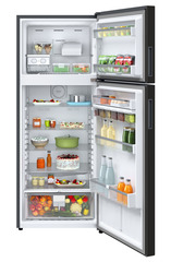 Product image, Perspective: straight open decorated, Fridge-freezer with NoFrost, Casing colour: grey, Door colour: Black Gloss