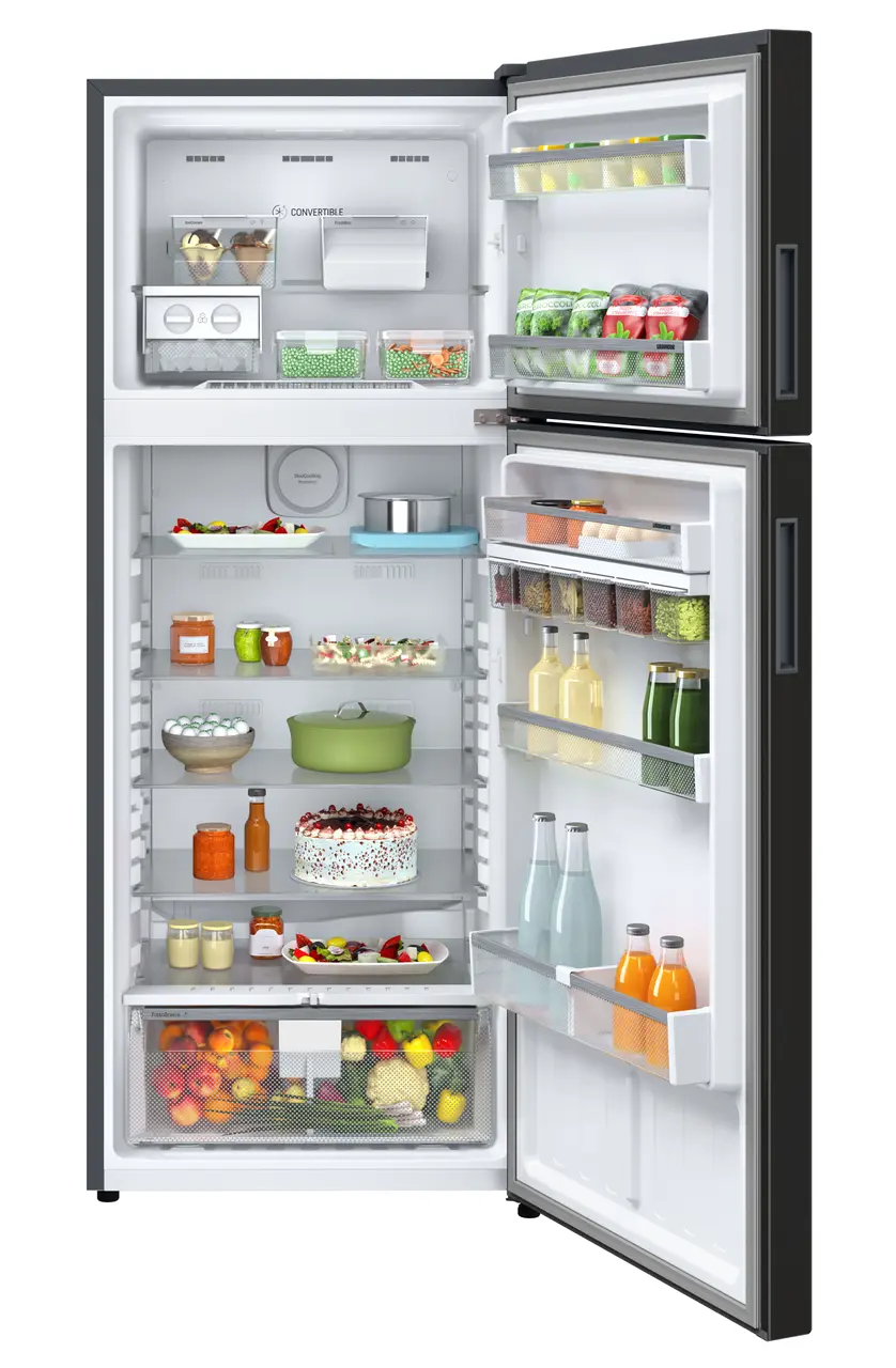 Product image, Perspective: straight open decorated, Fridge-freezer with NoFrost, Casing colour: grey, Door colour: Black Gloss