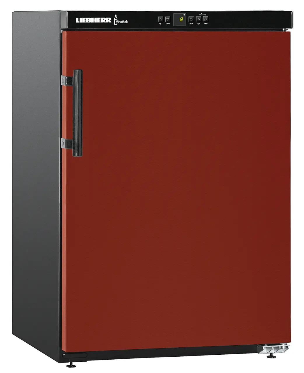 Изображение продукции, Перспектива: Под углом, с закрытой дверцей, Винный шкаф с климатизацией, Цвет корпуса: черный, Цвет дверцы: бордово-красный