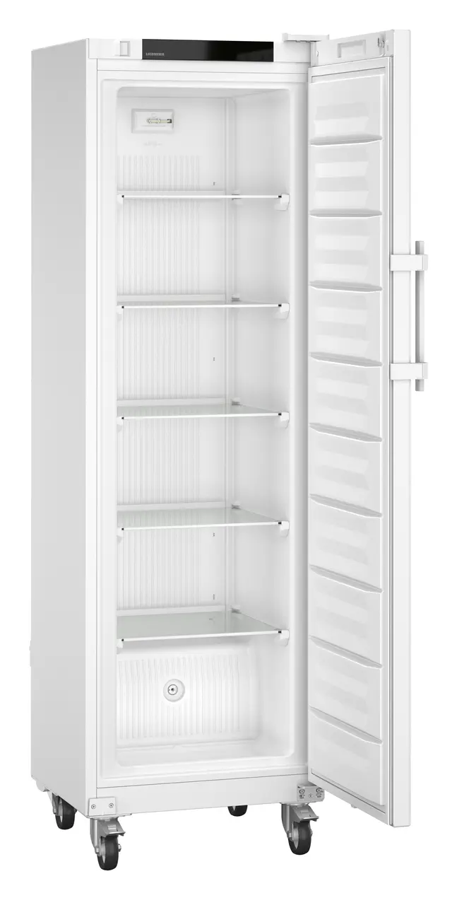 Product image, Perspective: oblique open empty, Laboratory freezer with an interior free of ignition sources, Casing colour: white, Door colour: white